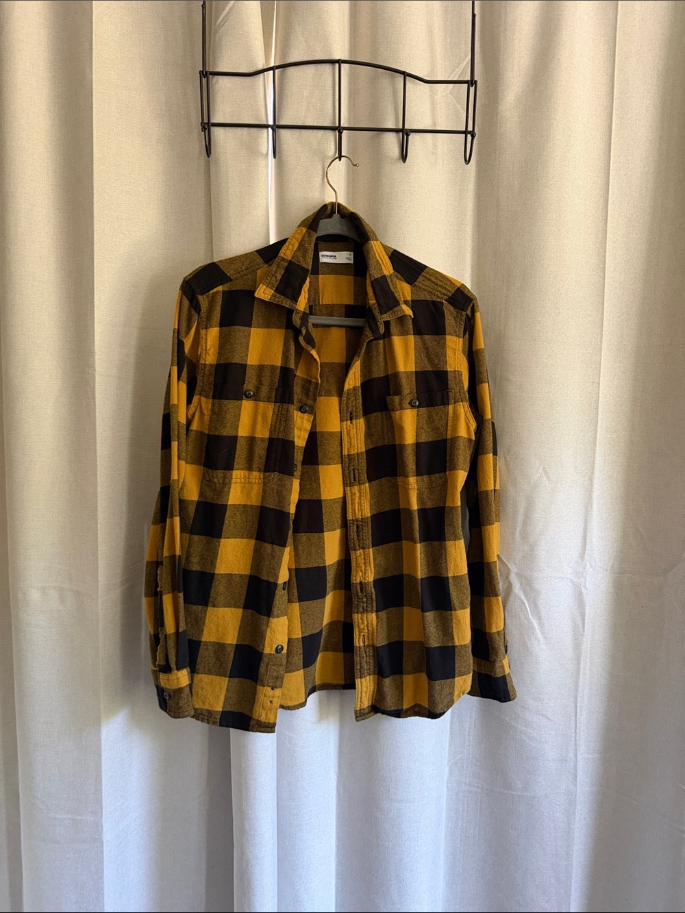 Sonoma Men's Yellow and Black Plaid Button-Down Shirt